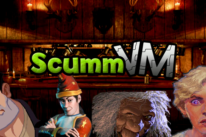 History of ScummVM - adventure characters in front of the ScummVM logo